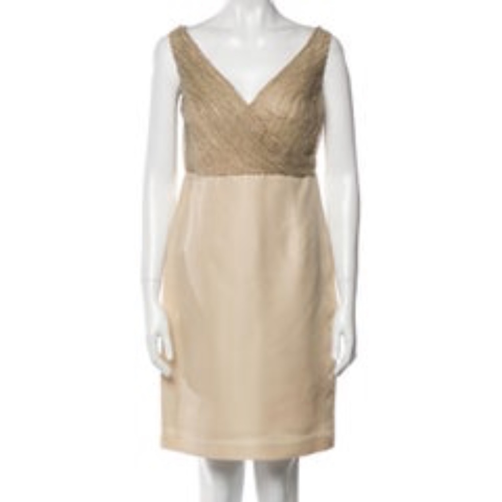 VALENTINO V-Neck Sleeveless Beaded Knee-Length Dress Size: S Minimalist Neutral
